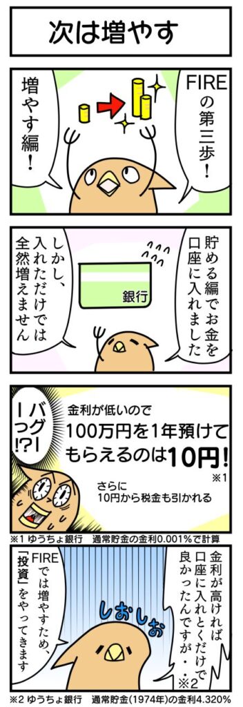 FIREの第三歩の増やすについて説明した4コマ漫画